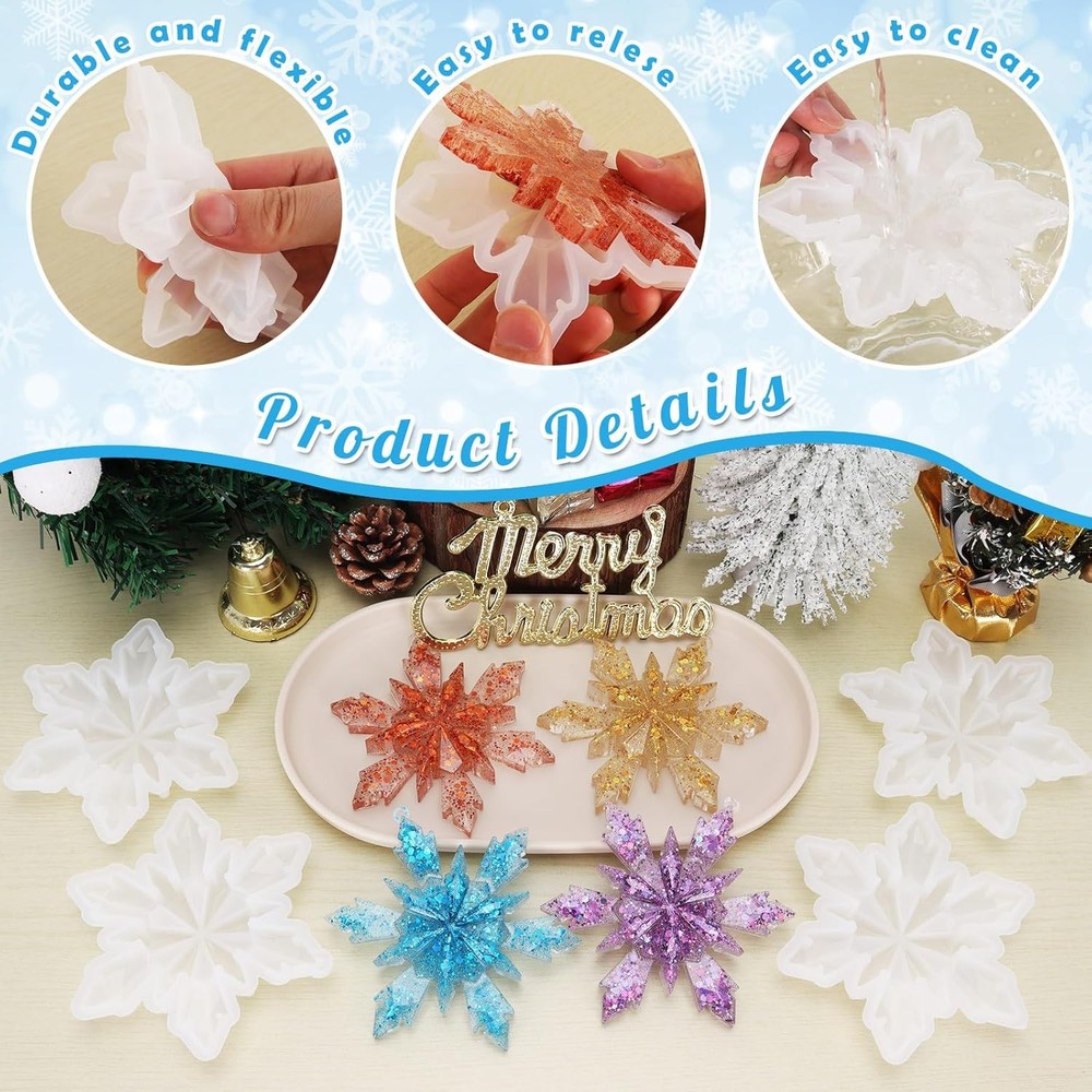 4 Pcs Snowflake Resin Molds, 3D Christmas
