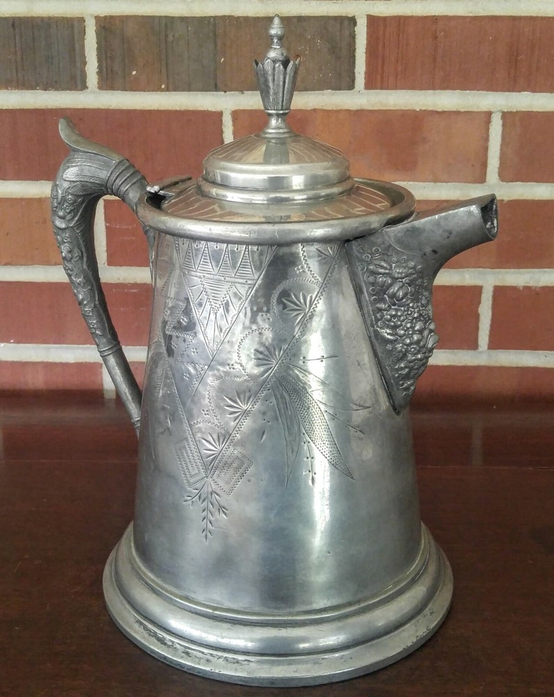 Antique Victorian Ornate Silver Plate Water Pitcher Hinged Lid 17 Unbranded