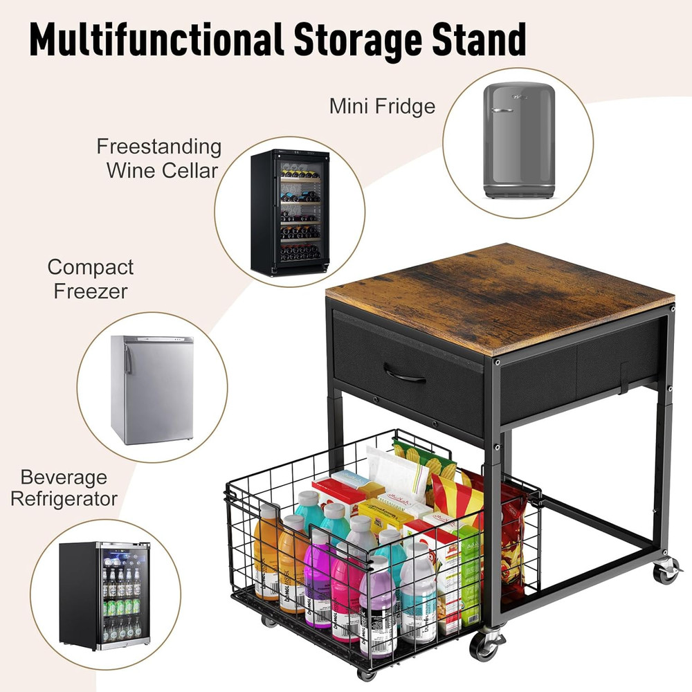 Mobile Mini Fridge Stand with Storage, Height-Adjustable Mini Beverage Fridge Ta