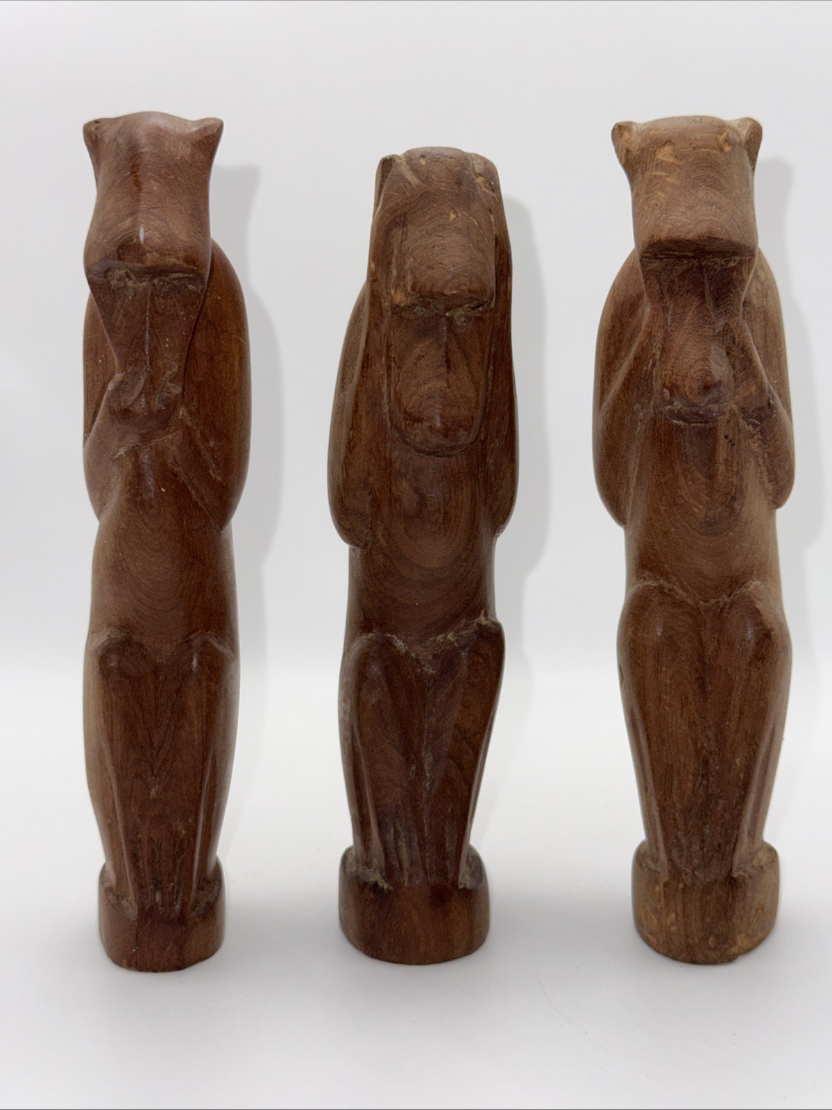 Vintage Carved African Iroko Wood See Hear Speak No Evil Monkeys