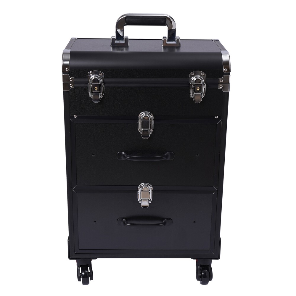 Rolling Cosmetic Storage Case Makeup Train Case Organizer Trolley Lock Black
