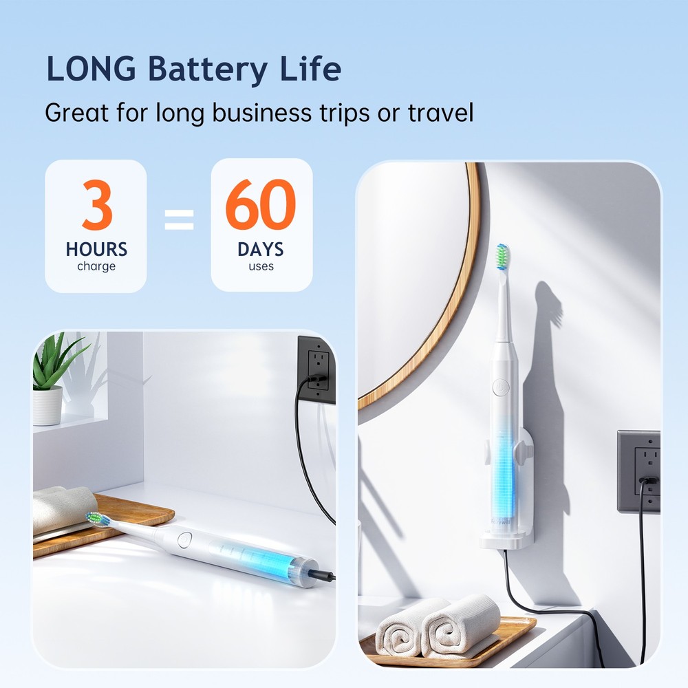 Fairywill Electric Toothbrush 5 Mode Smart Timer USB Rechargeable 8 Brush Heads