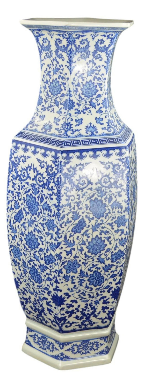 Festcool 24" Classic Blue and White Hexagonal Lotus Porcelain Vase, Ceramic V...