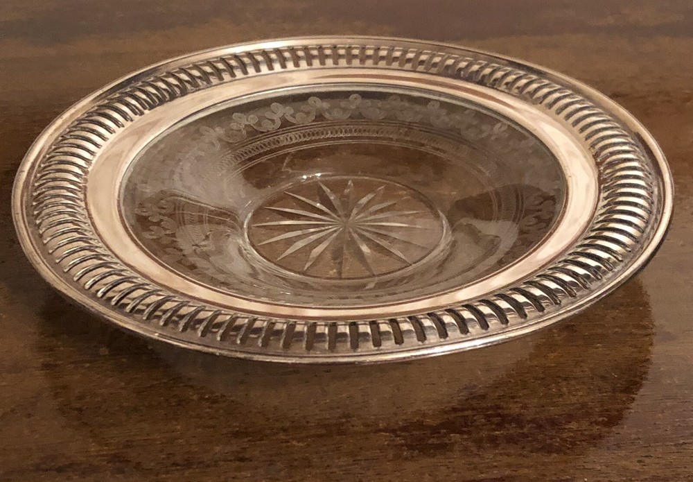 Etched Acrylic Silverplate Candy Dish 7 Inch