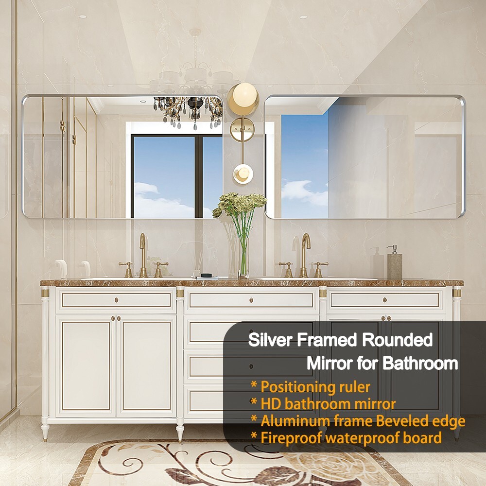 30x20 Inch Glossy Brushed Silver Rectangle Bathroom Mirror with Rounded Corners