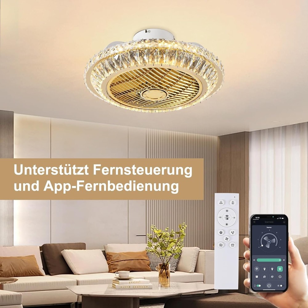 Circulation Crystal Ceiling Fan with Dimmable Light 72W Remote Control Modern