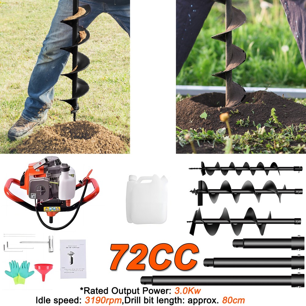 72CC Gas Powered Post Hole Digger with 3 Auger Sizes & 3 Extension Rods