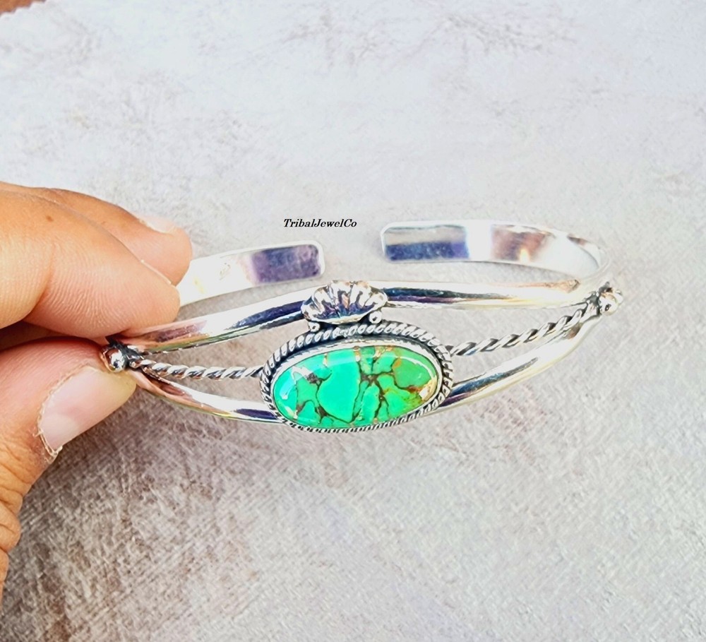 925 Sterling Silver Green Copper Turquoise Bangle Adjustable Bangle Gemstone