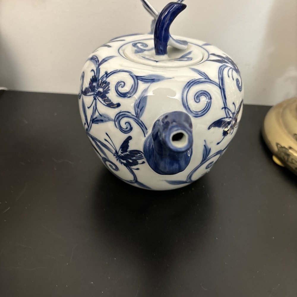 Bombay China Blue on White Teapot With Silver Accent Butterfly Pattern