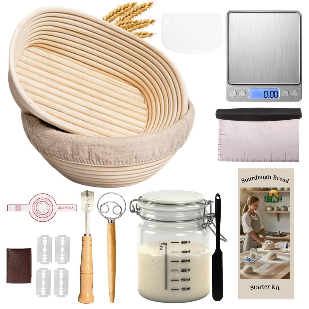 Complete Sourdough Starter Kit - Bread Baking Supplies, Proofing Basket & Scale,