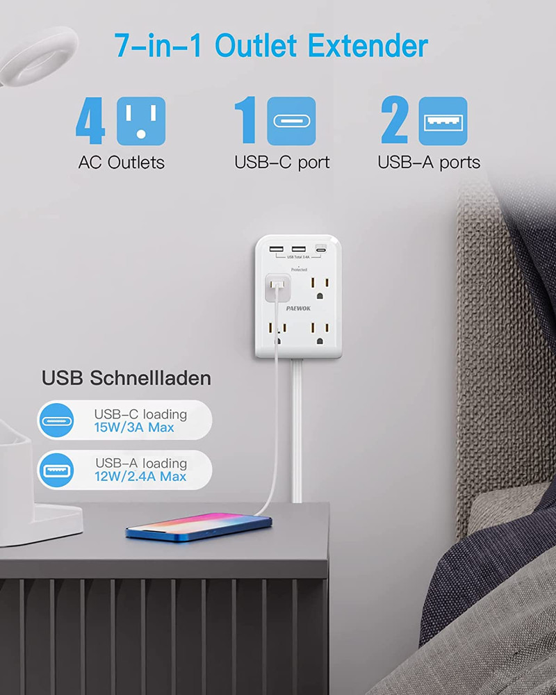 Flat Multi Plug Extender with 3 USB Wall Charger(1 Type C) 4 Outlet Wall Adapter