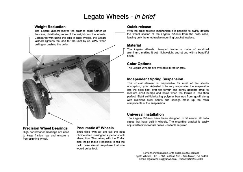 Legato Wheels. Cello Case Wheel Assembly, Emergency Red, Long Size.