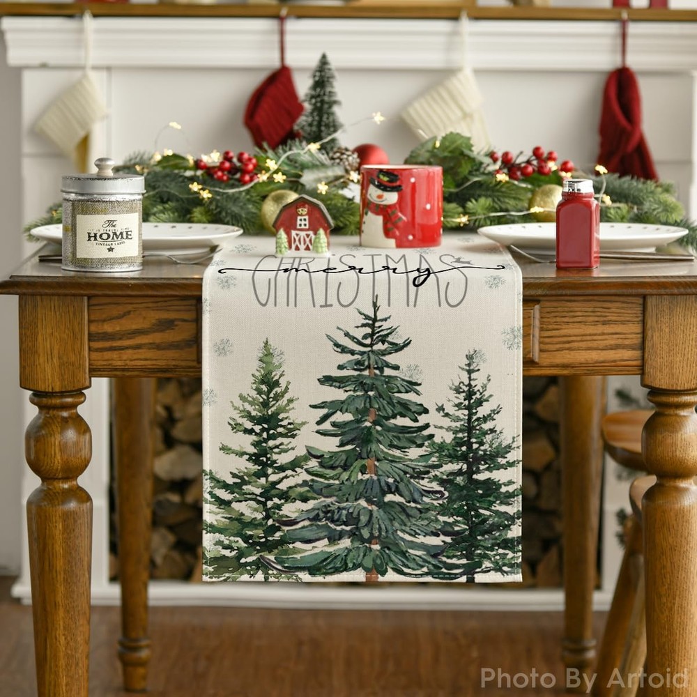 Artoid Mode Beige Pine Tree Snowflake Merry Table Runner, 13" x 72",