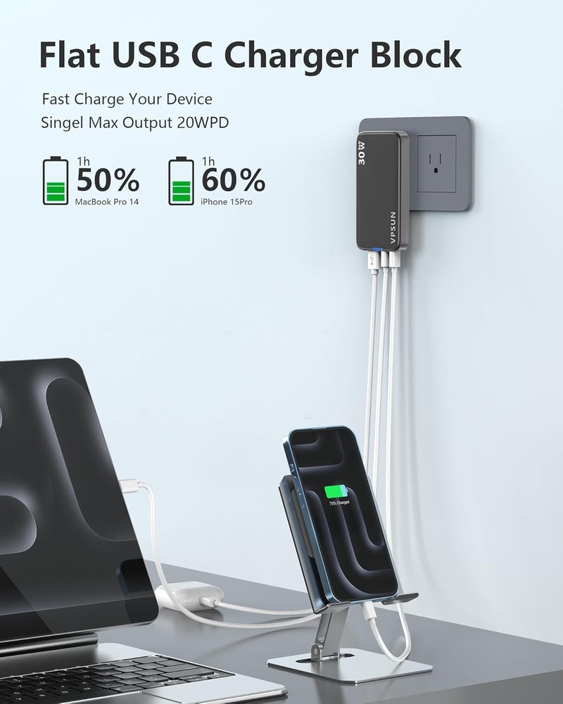 USB C Wall Charger Block 30W,3 Port Ultra Thin Flat USB-C Charging Plug,Foldable