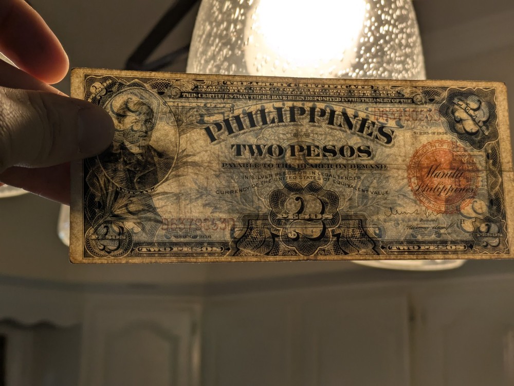 1936 2 Peso Philippines. Better Grade Note