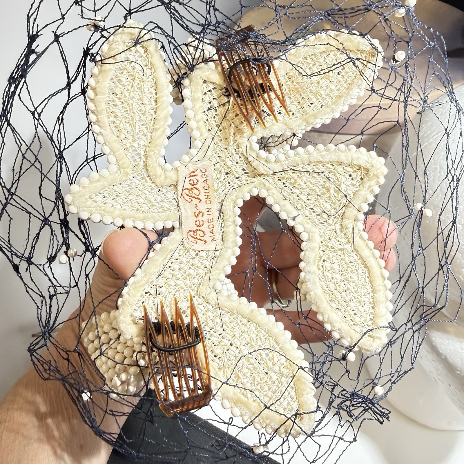 BES-BEN 1940s LOT Hat Original Box White Beaded Bows Job Lot for repair Vintage