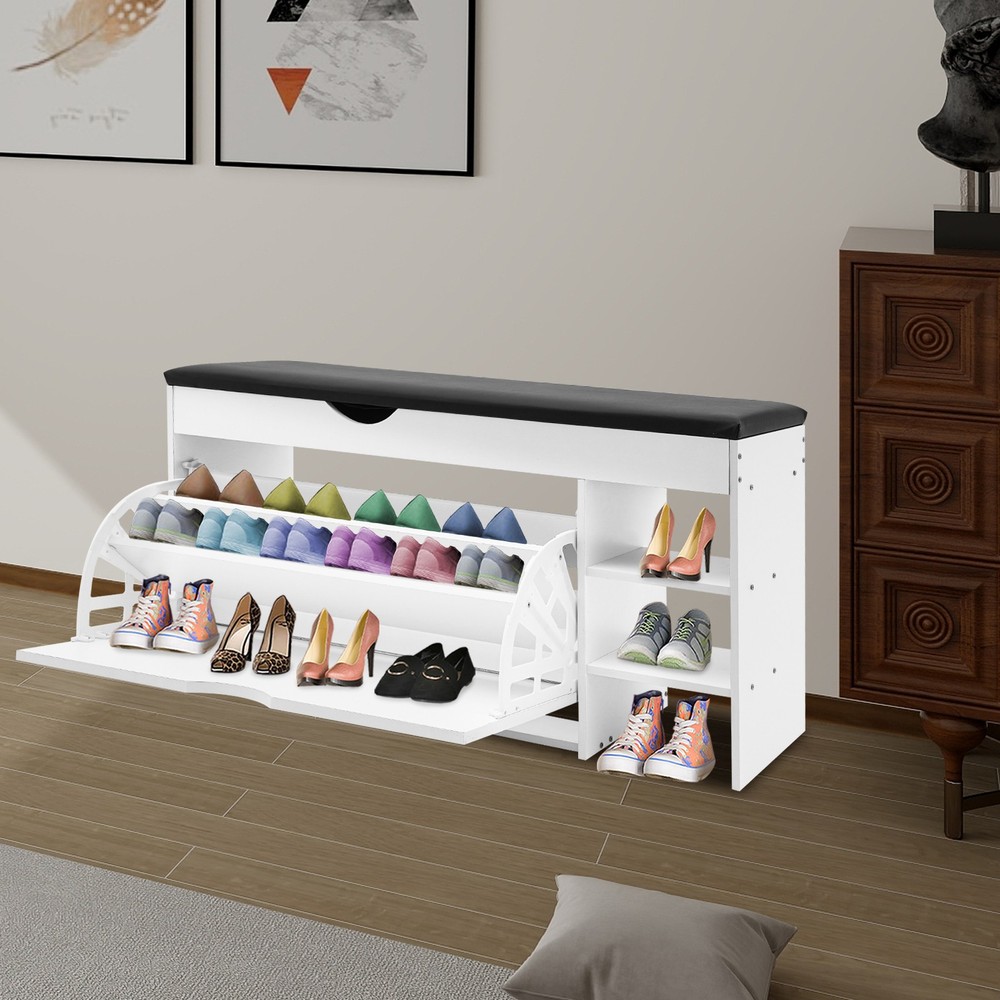Space-Saving Triple-Fold Shoe Rack with Bench, Warm White, Entryway Storage