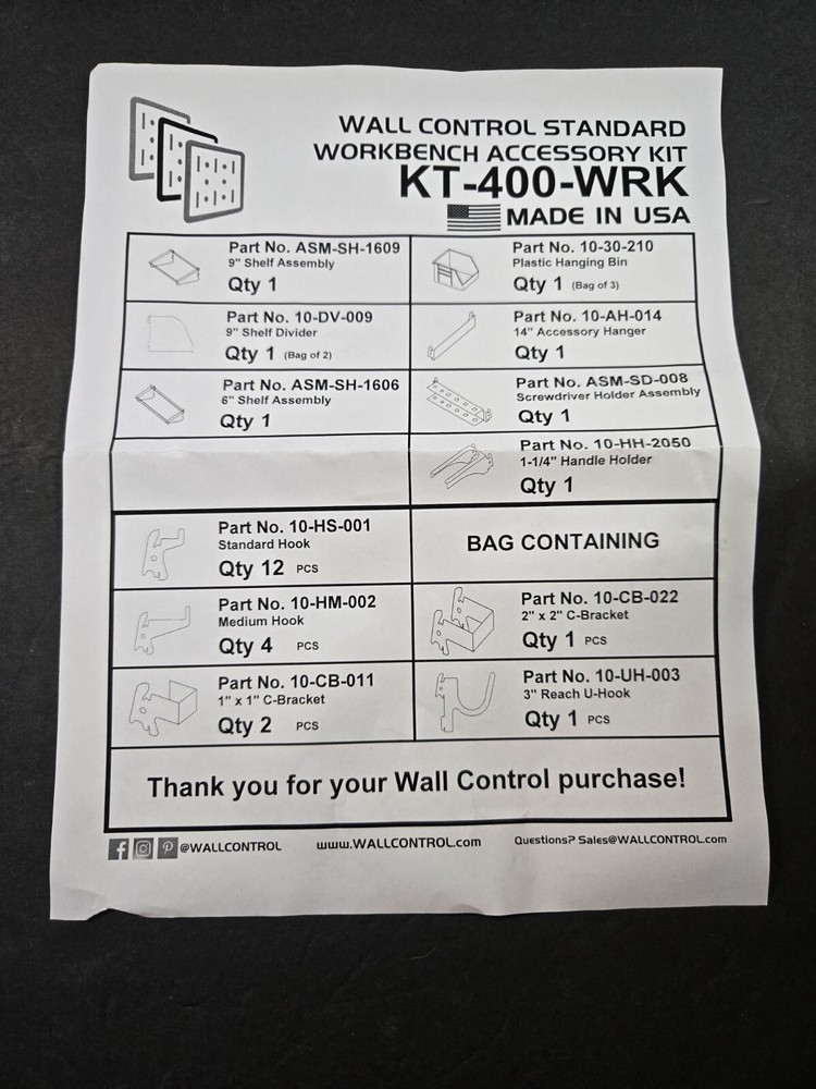 KT-400 Wall Control Slotted Tool Board Workstation Accessory Kit Pegboard - Blue