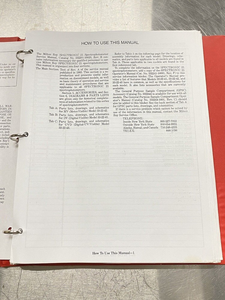 Milton Roy Spectronic 21 Spectrophotometer - Users Guide / Service Manual