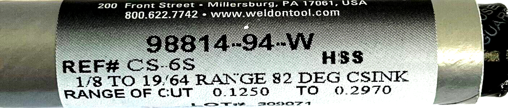 WELDON CS-6S 1/8" TO 19/64" RANGE 82 DEG ZERO FLUTE COUNTERSINK - USA