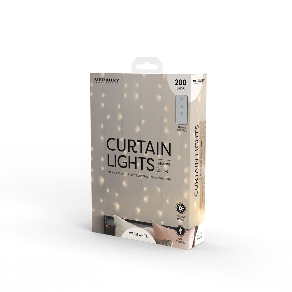 200-Count Warm White LED Curtain String Lights W/ Remote USB-Powered Indoor Use