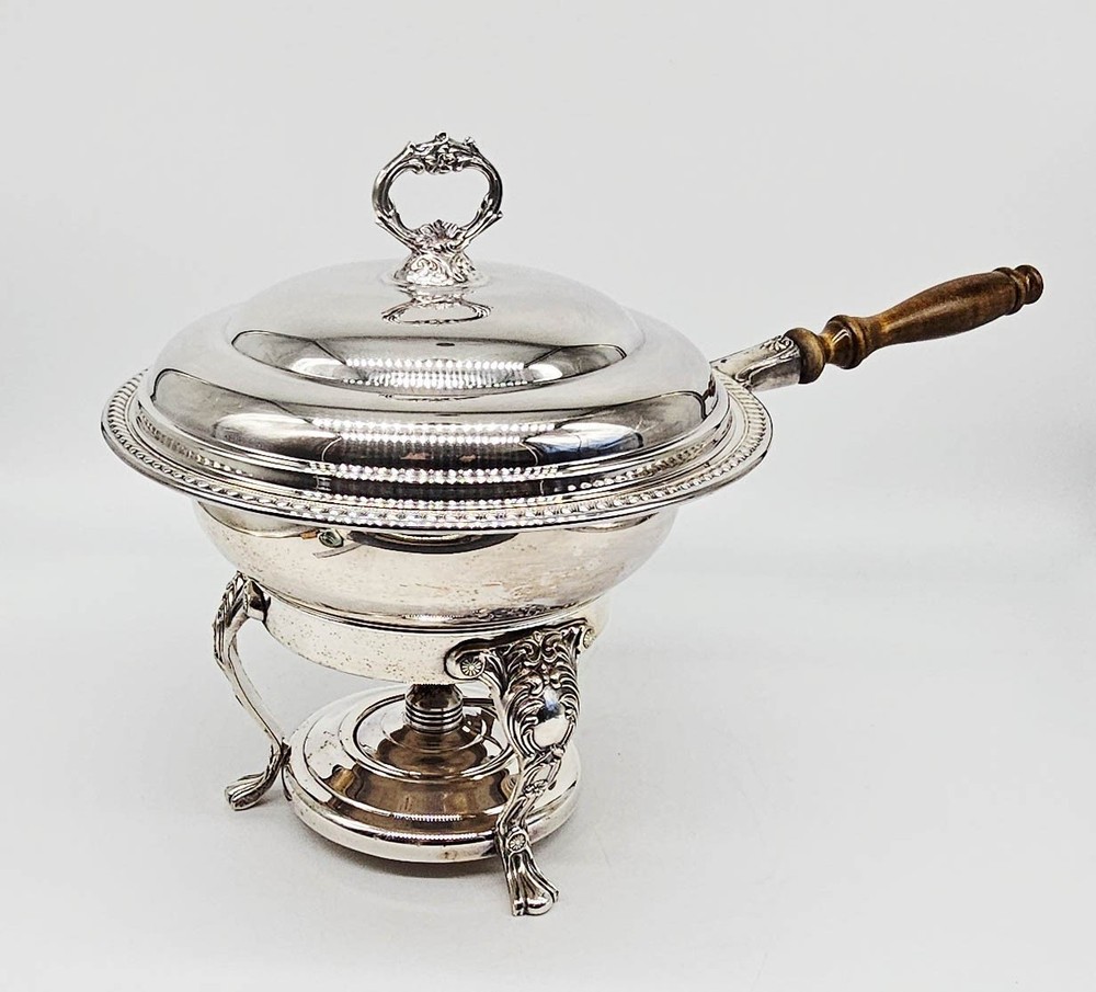 Sheridan Serving Covered Dish 2 QT Pyrex Chafing Stand + Burner Silverplate