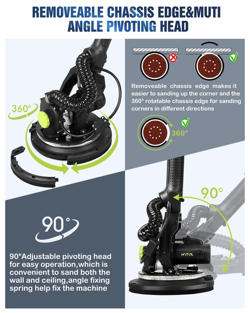 7.2A Electric Drywall Sander with LED Light Extendable Handle & Vacuum
