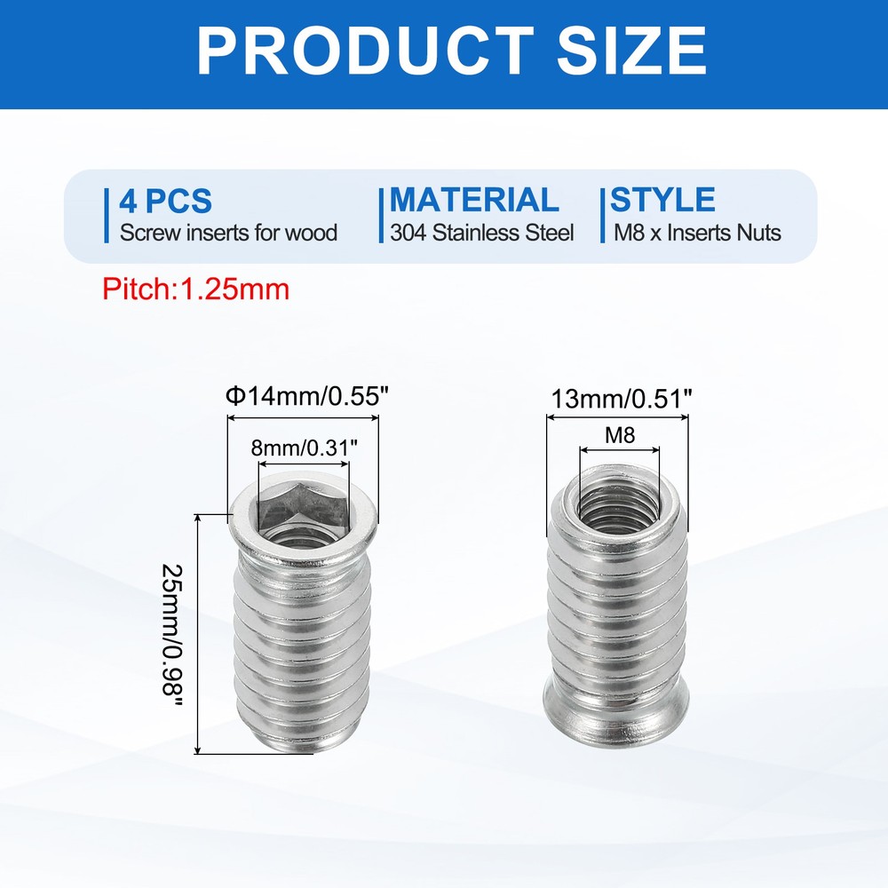 4Pcs Threaded Inserts Nuts, M8x25mm Hex Socket Drive Nut Inserts for Wood