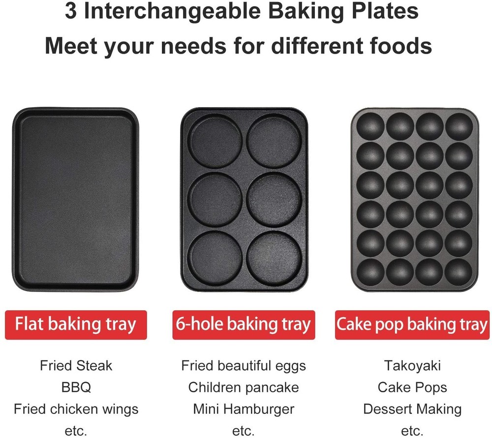 Multifunction Nonstick Baking Maker with 3 Interchangeable Baking Plates for Fri