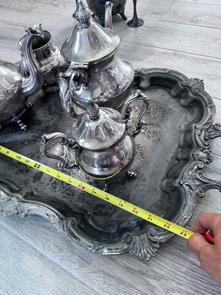 Vintage Beautiful Silver on Copper Tea set 5 pcs., used, tray and vases.