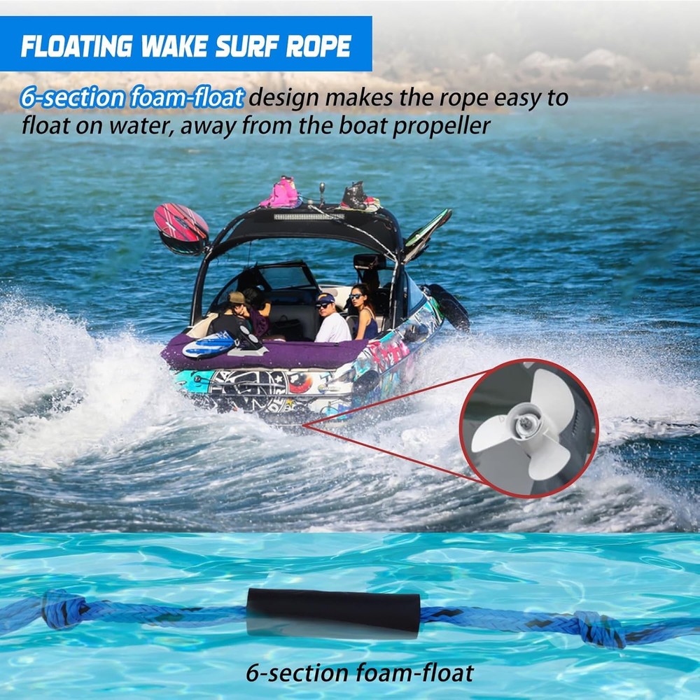 25FT Wakesurf Rope and Handle, 6 Sections Adjustable Floating Surf Tow Ropes, Br