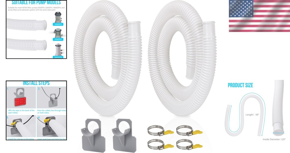 Above Ground Pool Pump Hose, 2 Pack 1.25" Diameter, 59" Long