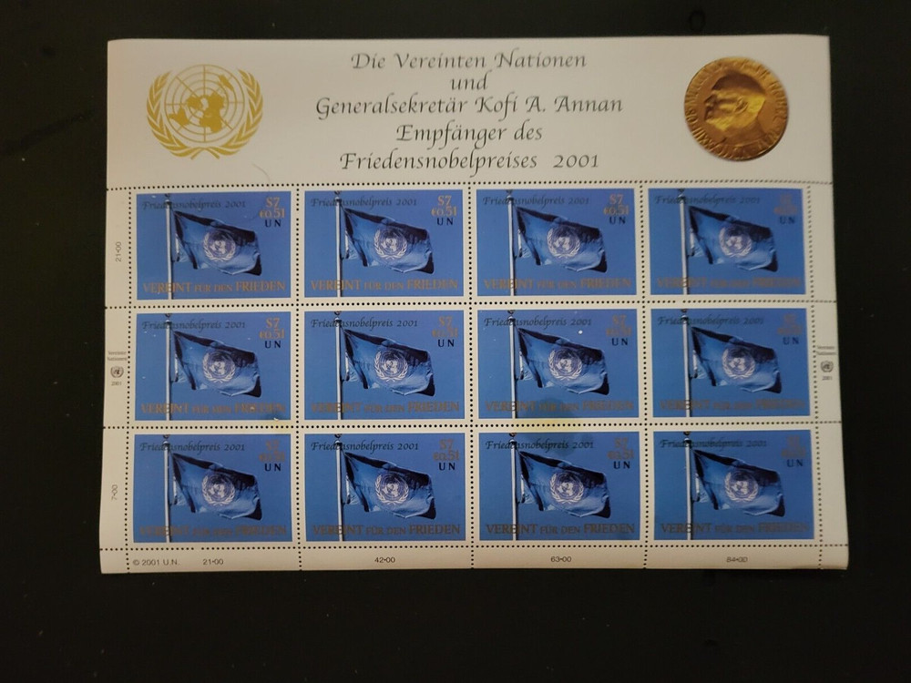 2001 NOBEL PEACE PRIZE Sheet - Scott# V301 - MNH - (Catalog $14)