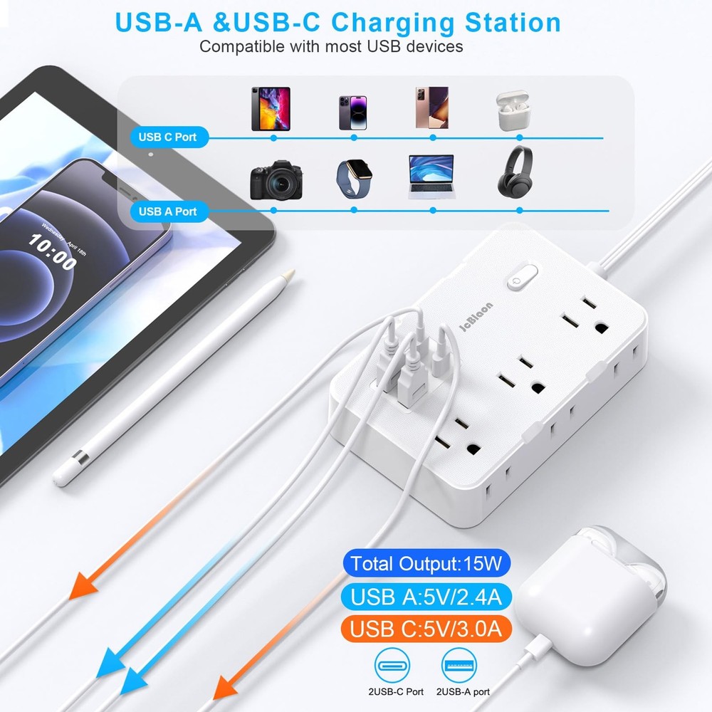 Flat Plug Power Strip Surge Protector, 5ft Ultra Thin Extension 5FT, White