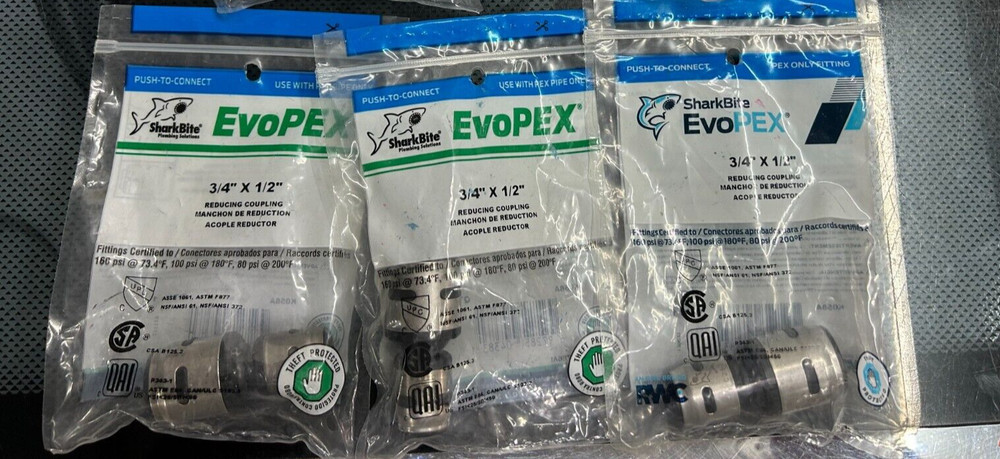 3-pack lot Sharkbite PEX Evopex Push Connect Reducing Coupling 3/4 x 1/2" K058A