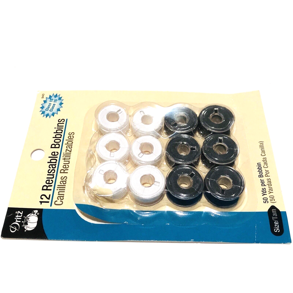 Dritz Class 15 Reusable Bobbins 940 Black White 12 PC 2006 Thread Size 50 Sew
