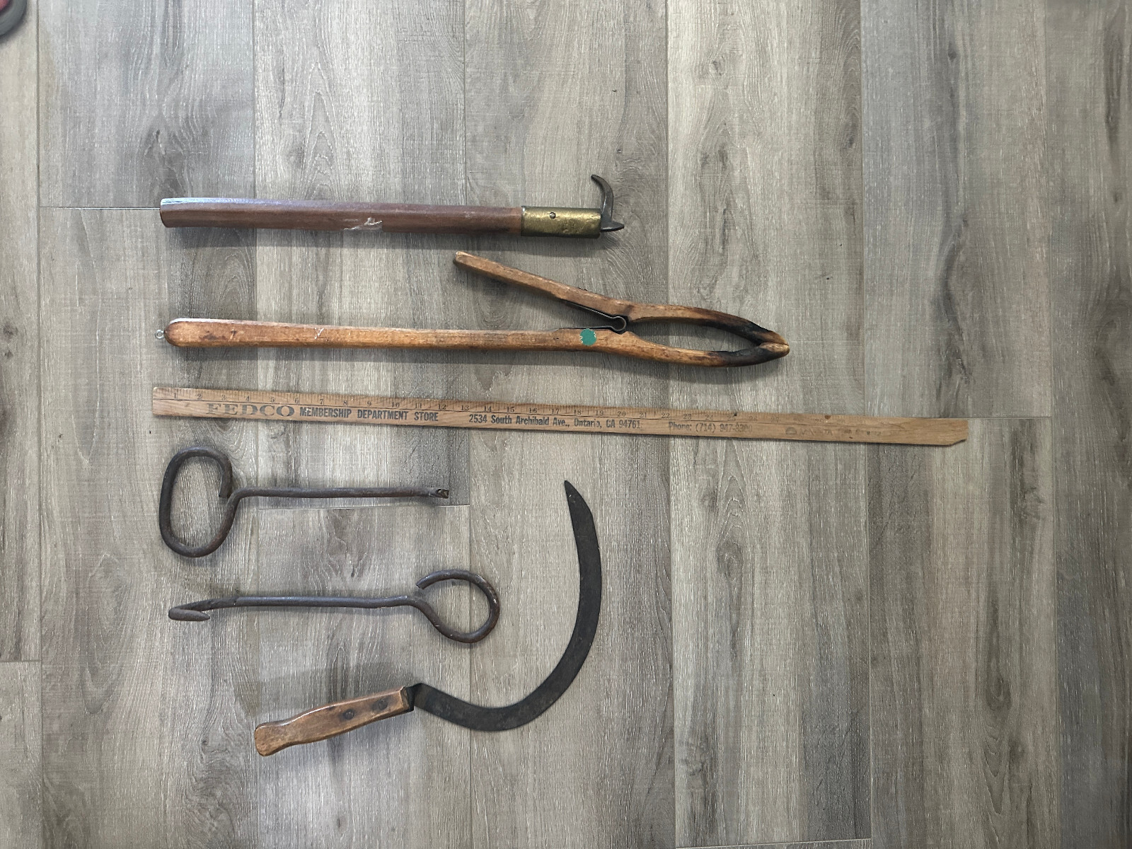 Lot of 7 vintage tools farm antique wooden tongs pliers scythe hooker plunger