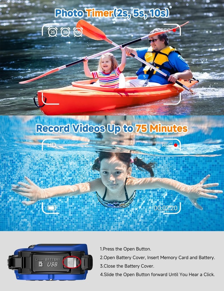 Underwater Floating Digital Camera – 48MP HD Bare-Body Waterproof Blue