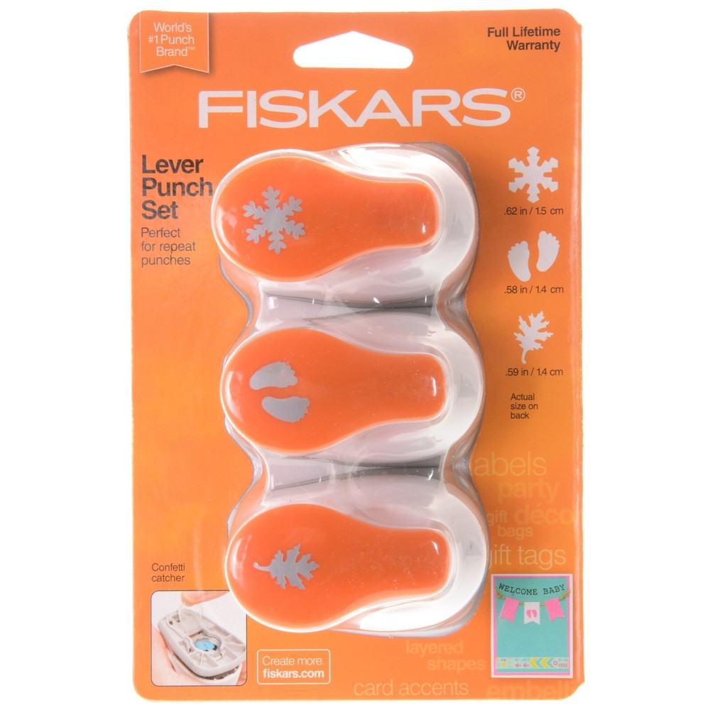 Fiskars 3 Piece Value Pack Small Lever Punch Set Snowflake Feet Leaf