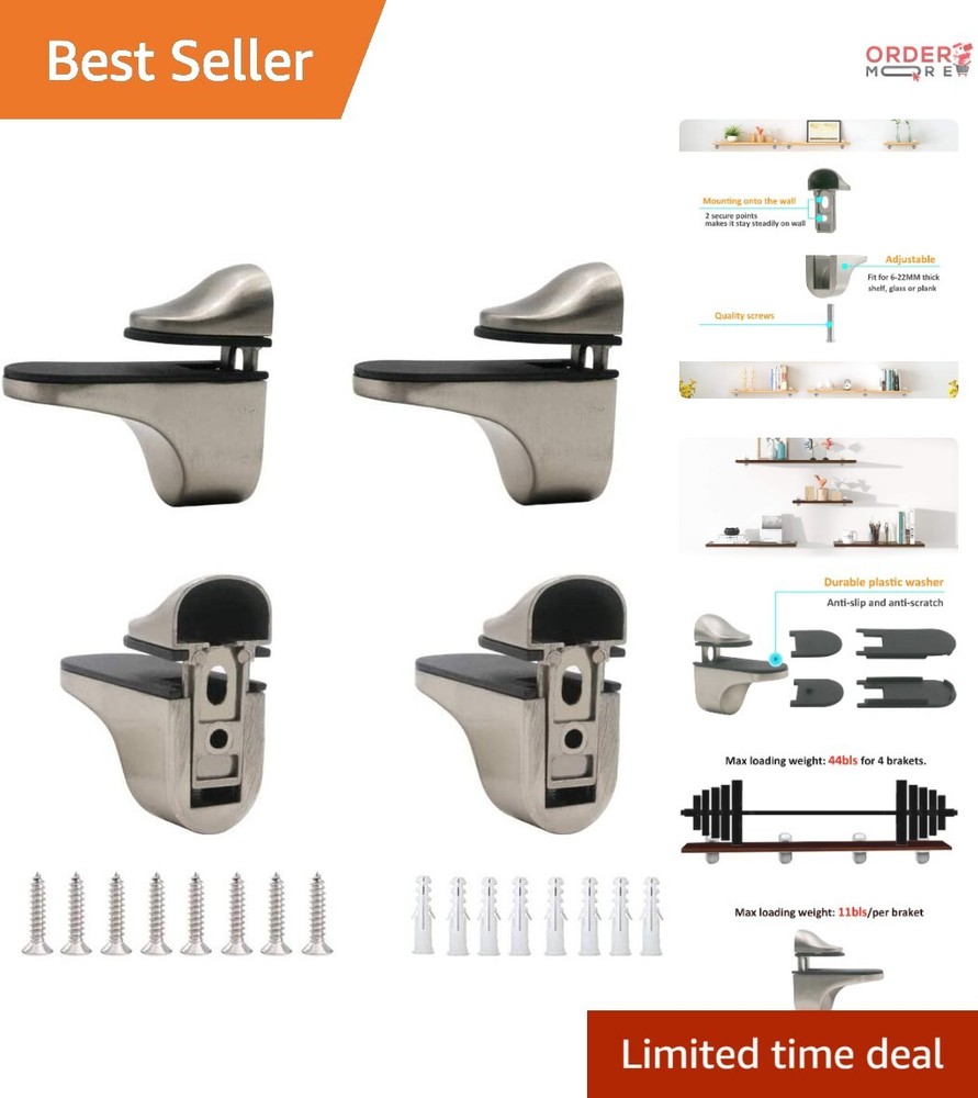 Adjustable Shelf Bracket Zinc Alloy 4 Pack Brushed Nickel Easy Install Wall M...