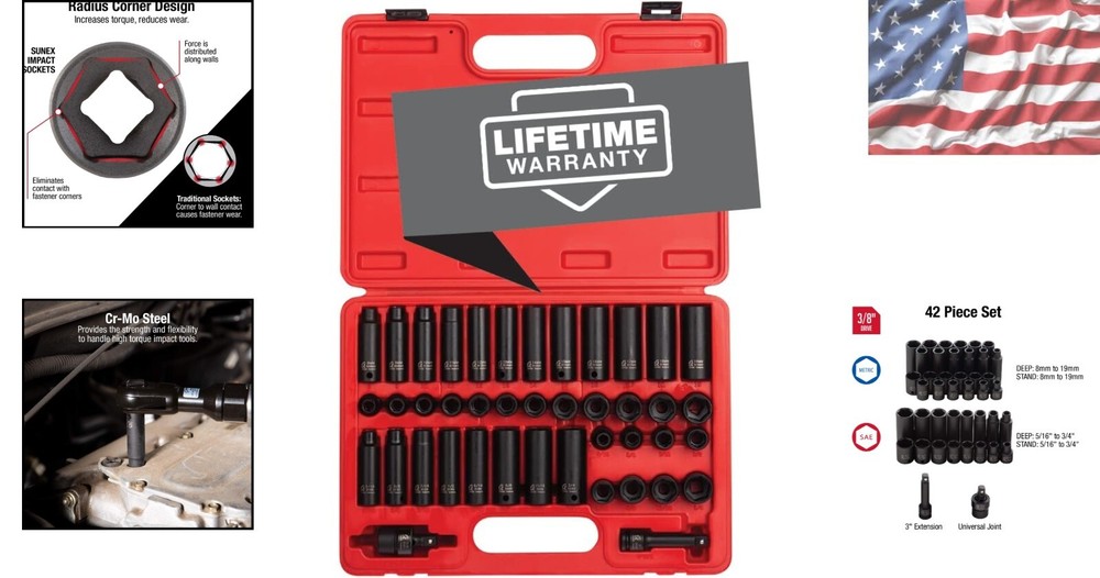Durable 42-Piece Impact Socket Collection - SAE & Metric Sizes, ANSI Certified