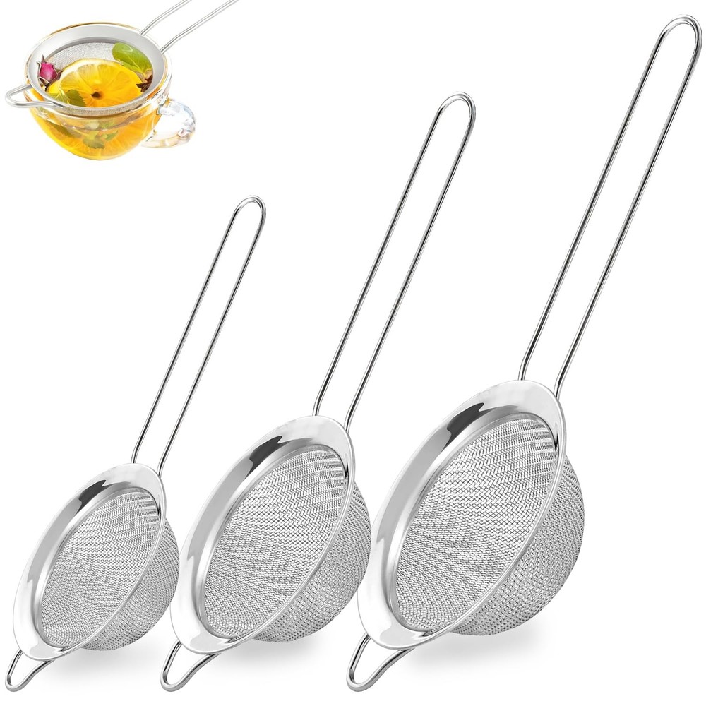 3Pcs Fine Mesh Strainer with Handle, Small Medium Large Size SML, Silver