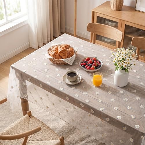Embroidery Daisy Spring Summer Gauze Tablecloth 60"×84" (Rectangular) White