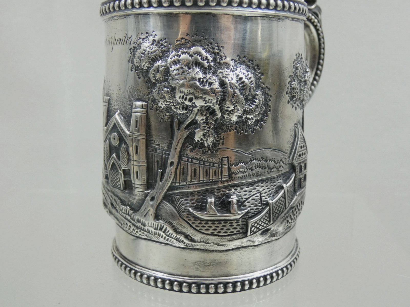 ANTIQUE AMERICAN COIN SILVER MUG CUP HAND CHASED REPOUSSE ARCHITECTURAL sterling