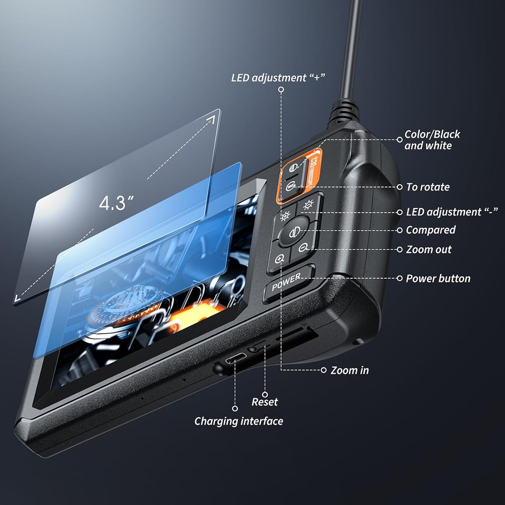 Endoscope Camera with Light, Inspection Borescope Camera with 4.3" IPS Screen, 1