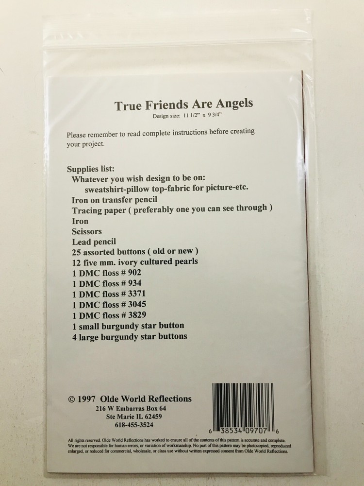 Olde World Reflections TRUE FRIENDS ARE ANGELS Primitive Embroidery Pattern VTG