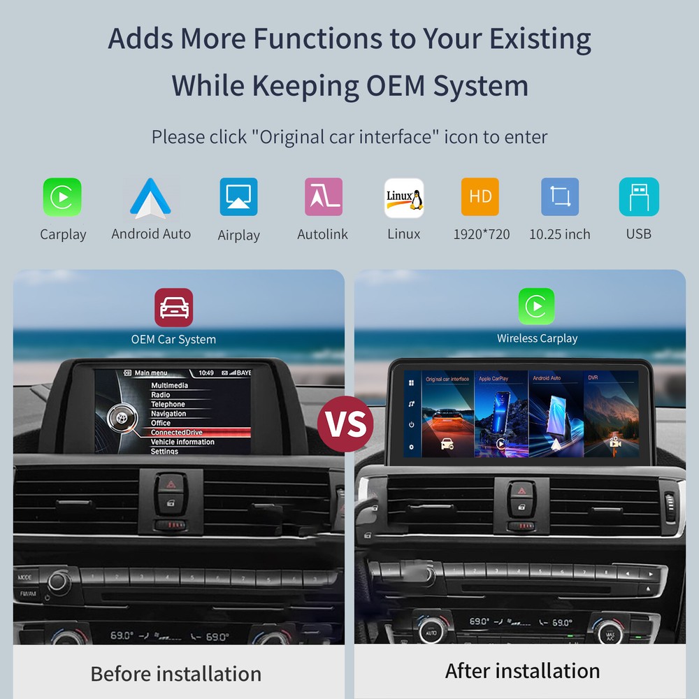 Wireless Carplay/Android Auto 10.25'' Touch screen Multimedia for BMW 3/4 Serie
