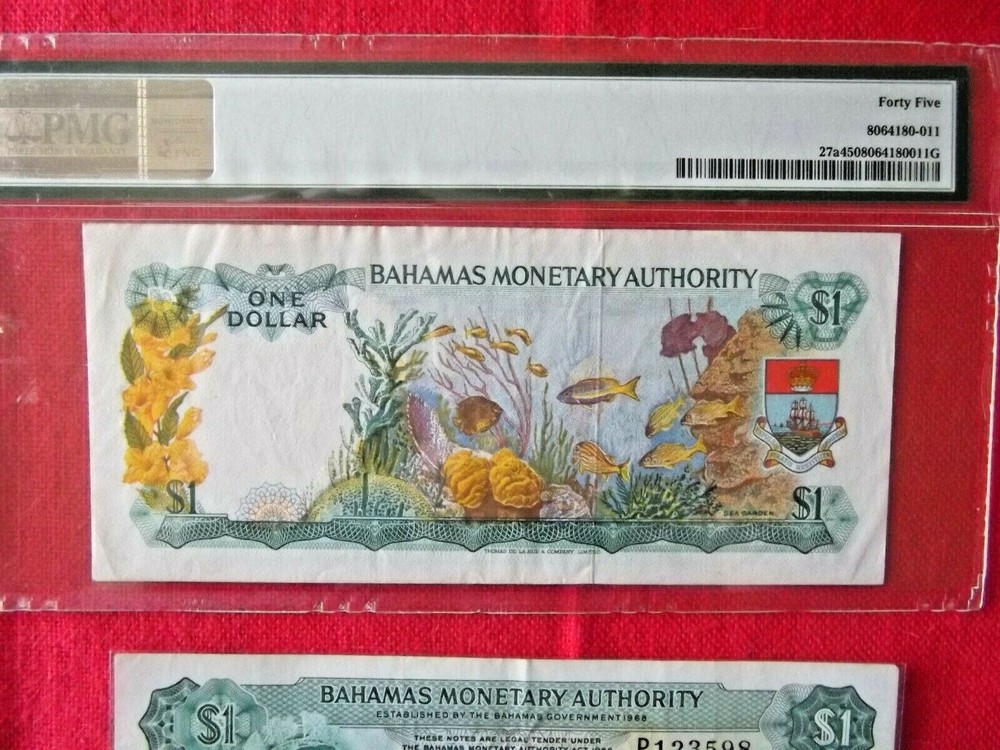 Bahamas $1 Dollar 1968 PMG 45 + another 2 same BONUS note bill