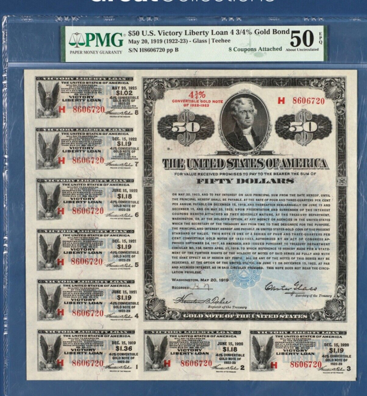 1919 $50 U.S Victory Liberty Loan-4¼% Gold Bond(1922-23)PMG 50 EPQ-All 8 coupons