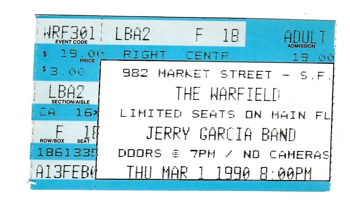 GRATEFUL DEAD TICKET 03-01-1990 THE WARFIELD JERRY GARCIA BAND